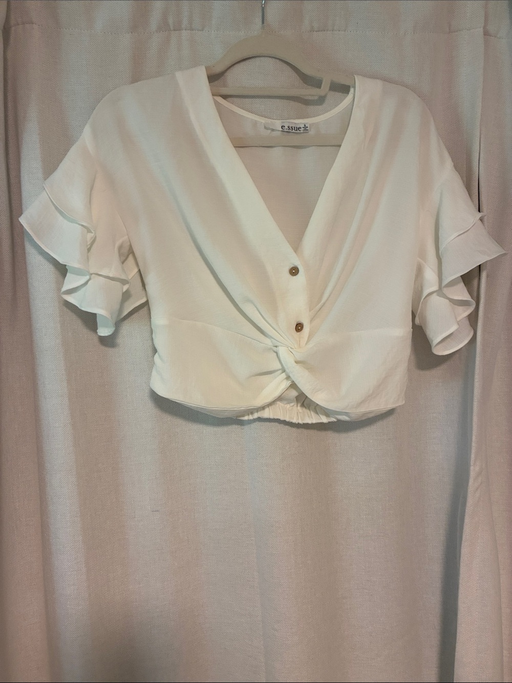 essue Cream Ruffle Sleeve Twist-Front Crop Top